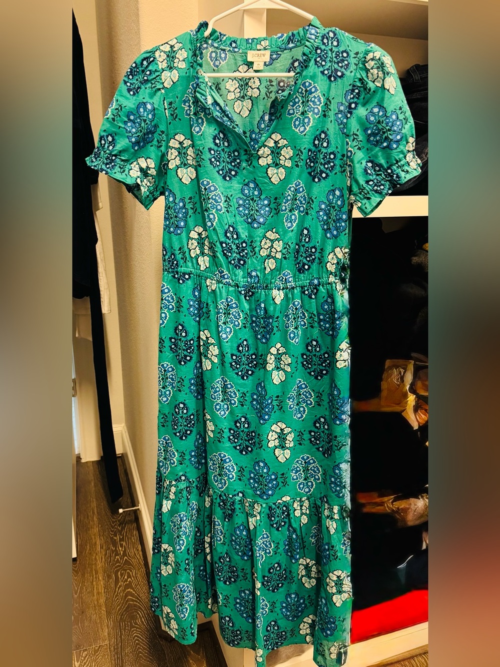 J.Crew Factory Printed Ruffleneck Puff-Sleeve Midi Dress